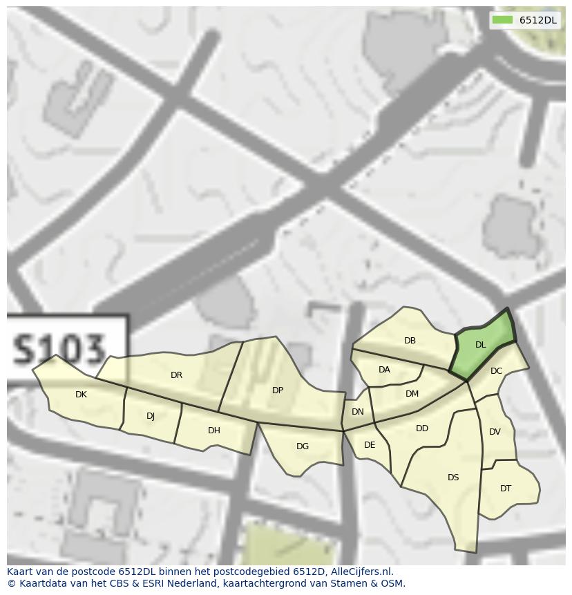 Afbeelding van het postcodegebied 6512 DL op de kaart.