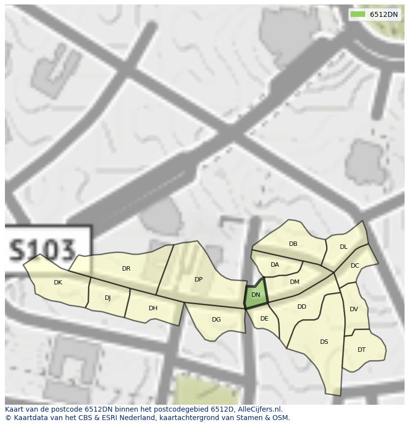 Afbeelding van het postcodegebied 6512 DN op de kaart.
