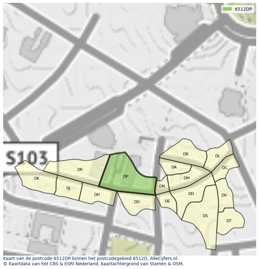 Afbeelding van het postcodegebied 6512 DP op de kaart.