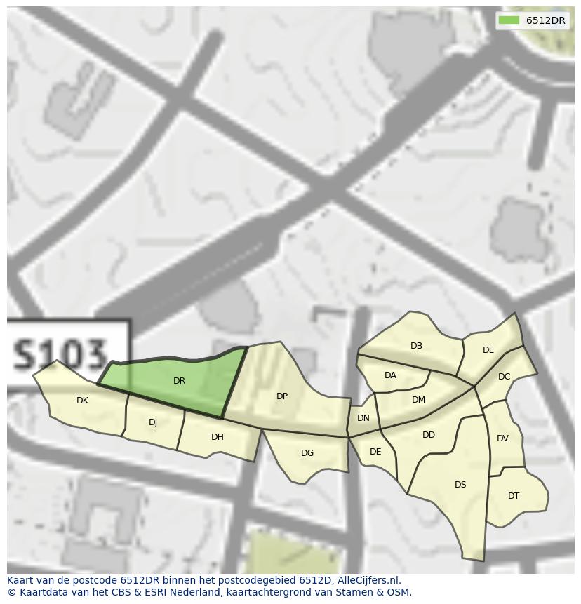 Afbeelding van het postcodegebied 6512 DR op de kaart.