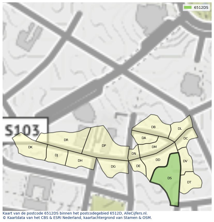 Afbeelding van het postcodegebied 6512 DS op de kaart.