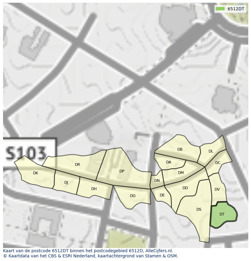 Afbeelding van het postcodegebied 6512 DT op de kaart.