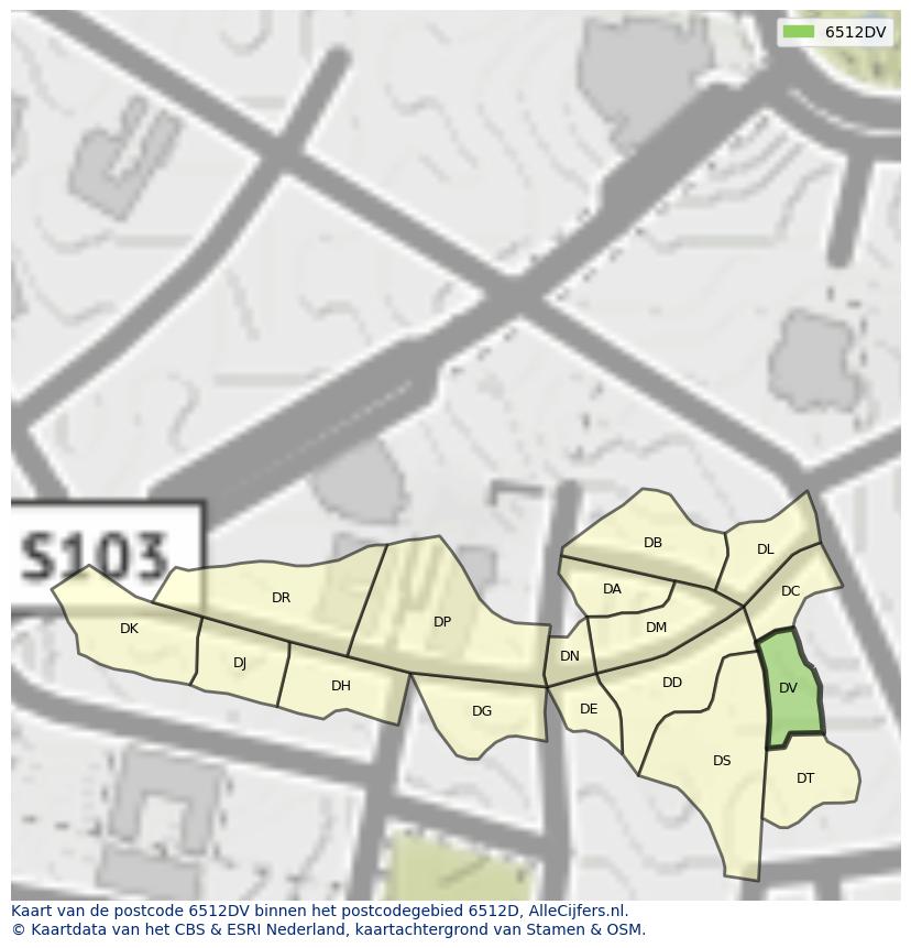 Afbeelding van het postcodegebied 6512 DV op de kaart.