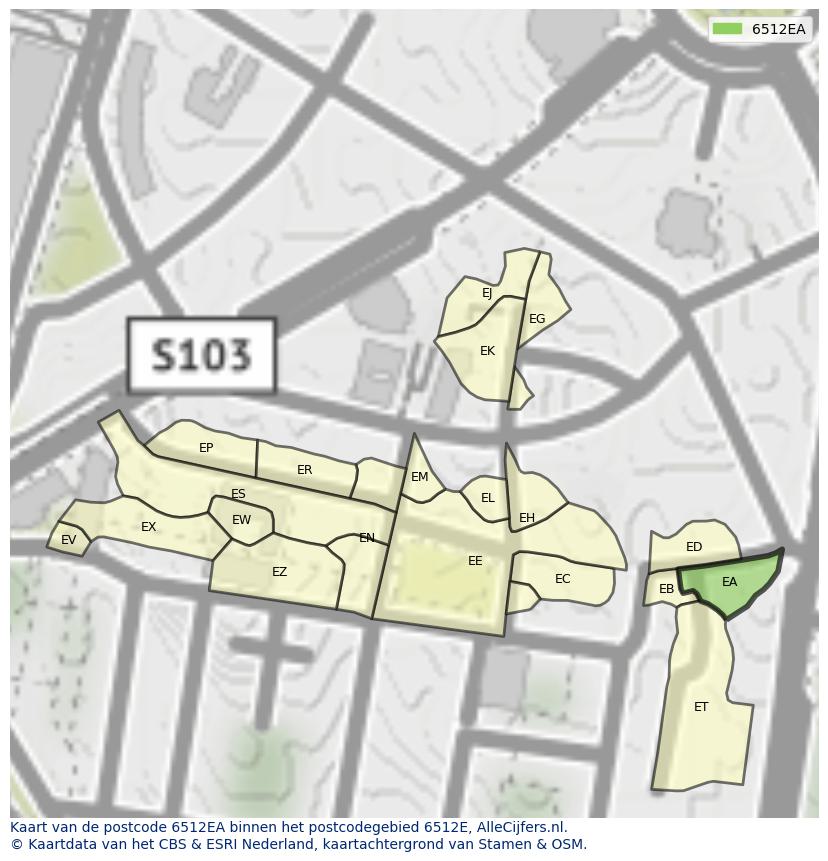Afbeelding van het postcodegebied 6512 EA op de kaart.
