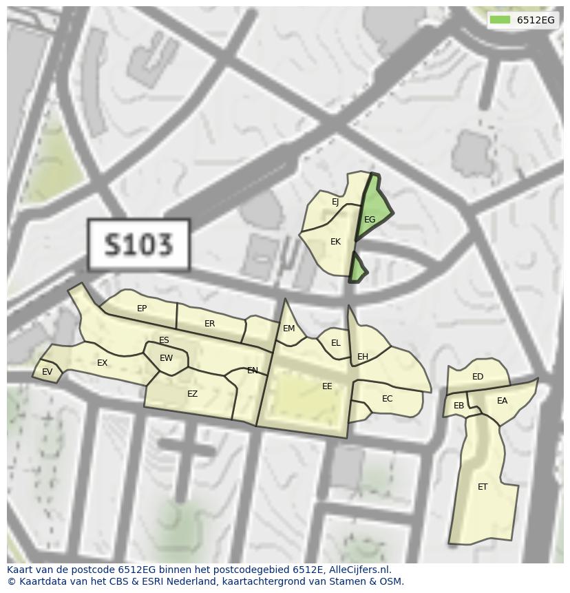 Afbeelding van het postcodegebied 6512 EG op de kaart.