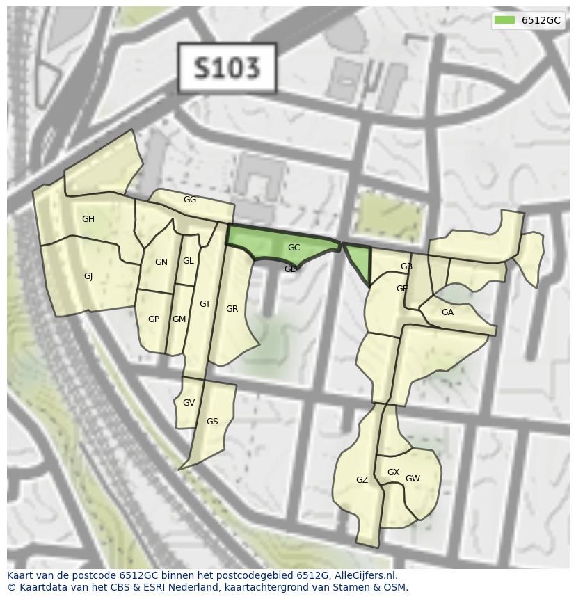 Afbeelding van het postcodegebied 6512 GC op de kaart.