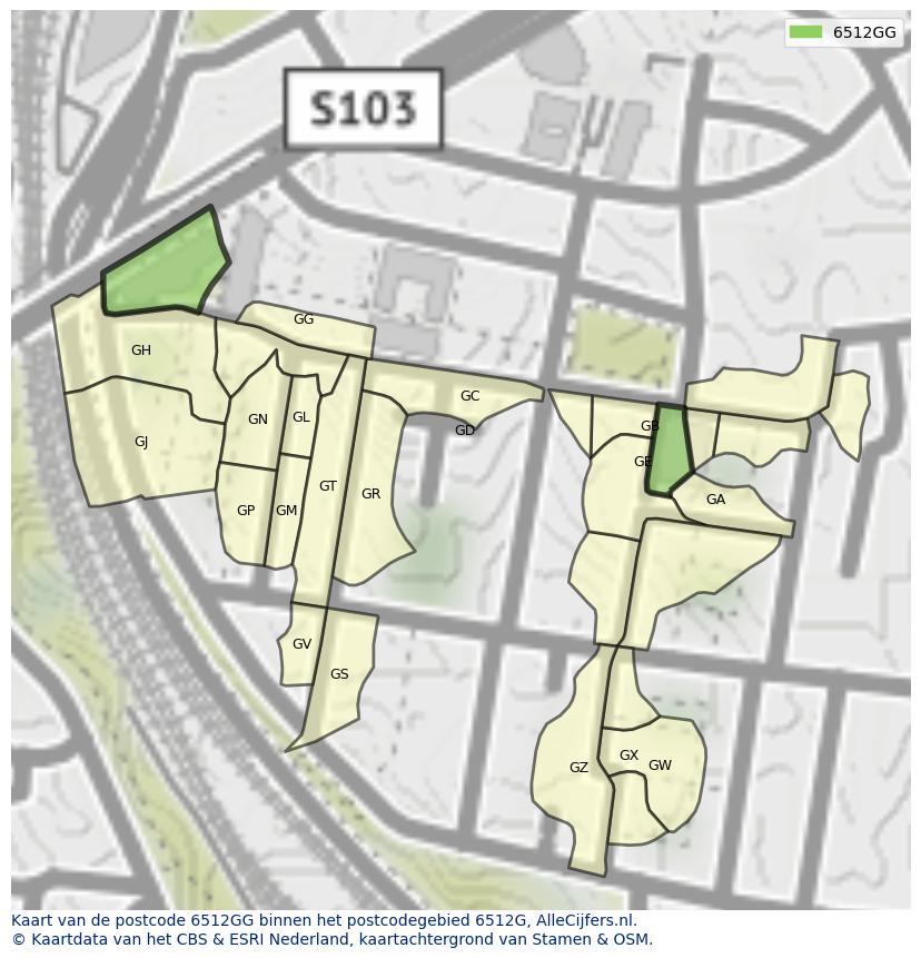 Afbeelding van het postcodegebied 6512 GG op de kaart.