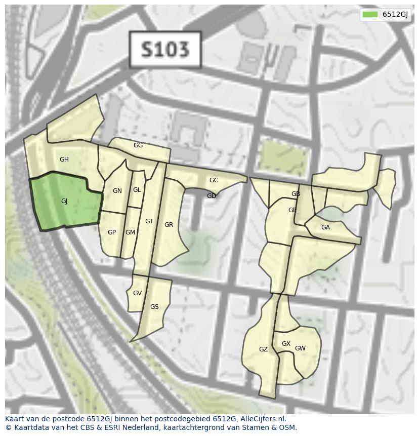 Afbeelding van het postcodegebied 6512 GJ op de kaart.