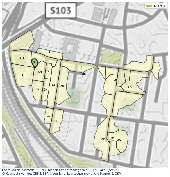 Afbeelding van het postcodegebied 6512 GK op de kaart.