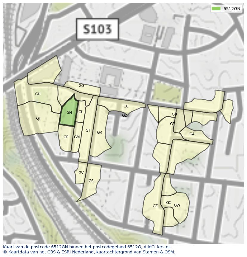 Afbeelding van het postcodegebied 6512 GN op de kaart.