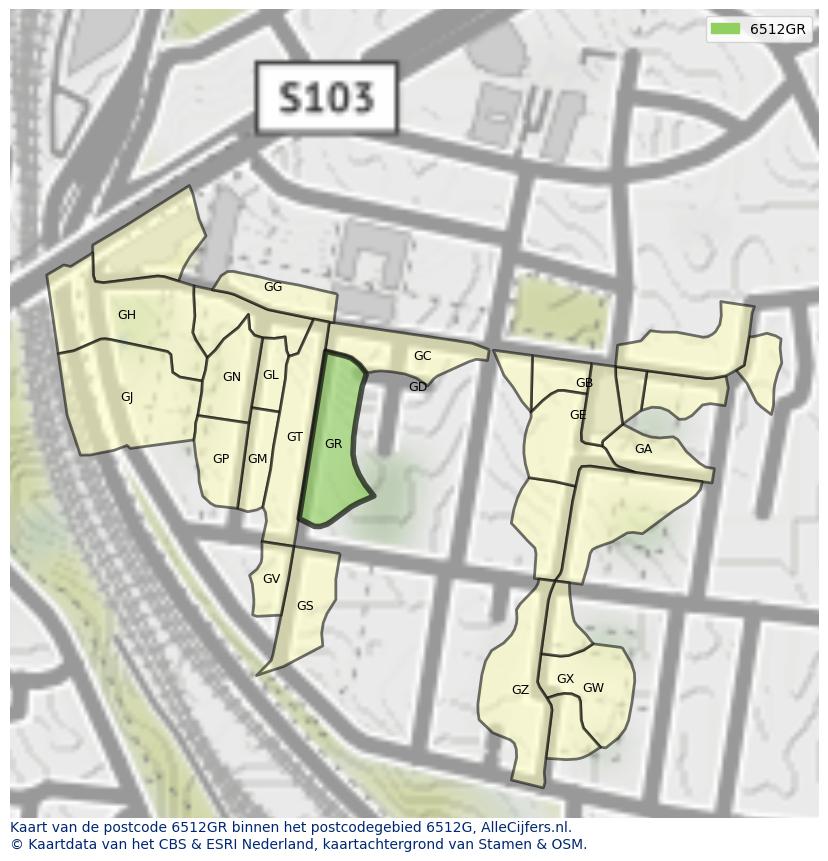 Afbeelding van het postcodegebied 6512 GR op de kaart.