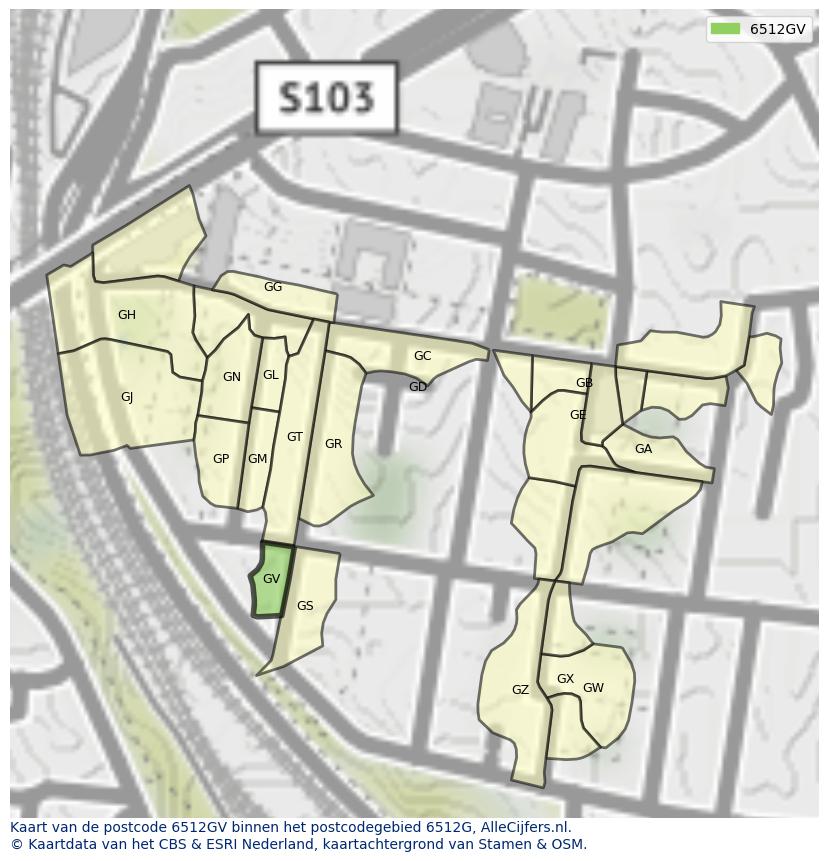 Afbeelding van het postcodegebied 6512 GV op de kaart.
