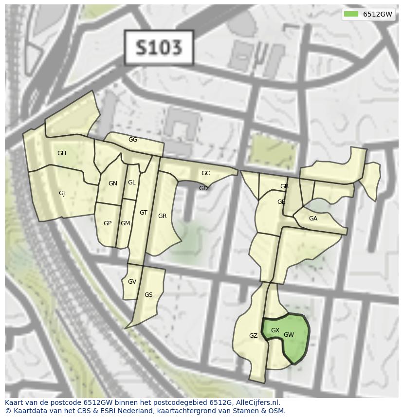 Afbeelding van het postcodegebied 6512 GW op de kaart.