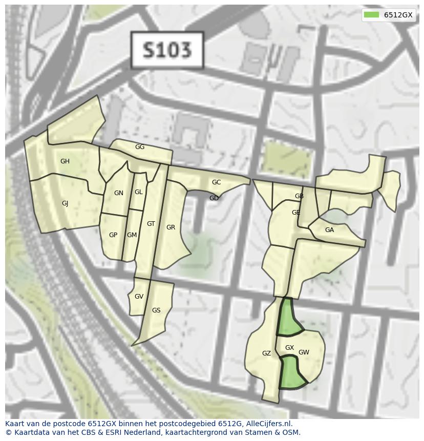 Afbeelding van het postcodegebied 6512 GX op de kaart.