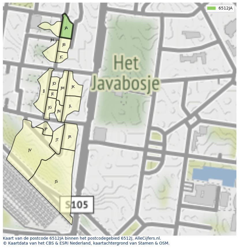 Afbeelding van het postcodegebied 6512 JA op de kaart.