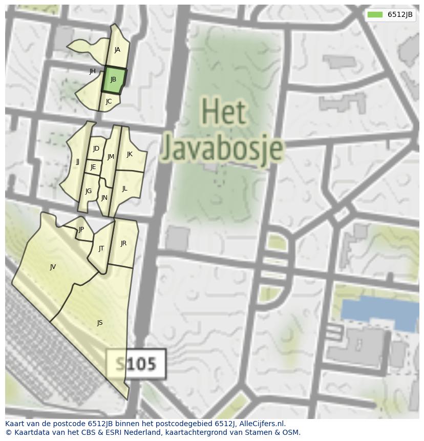 Afbeelding van het postcodegebied 6512 JB op de kaart.