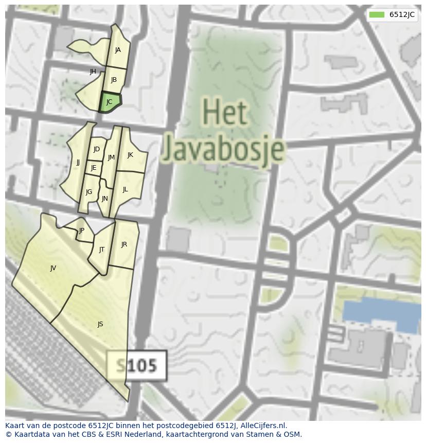 Afbeelding van het postcodegebied 6512 JC op de kaart.