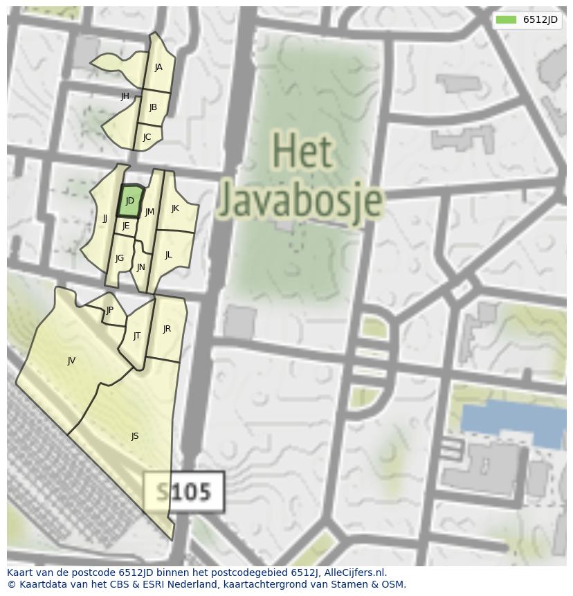 Afbeelding van het postcodegebied 6512 JD op de kaart.