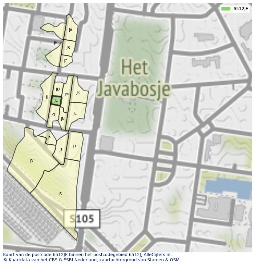 Afbeelding van het postcodegebied 6512 JE op de kaart.