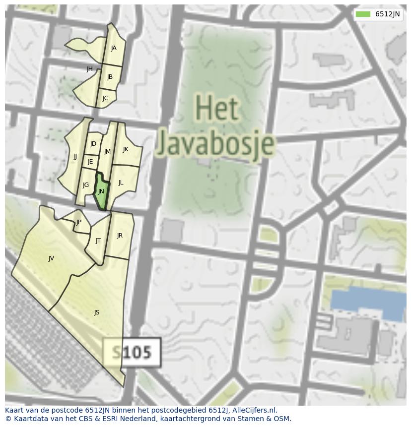 Afbeelding van het postcodegebied 6512 JN op de kaart.