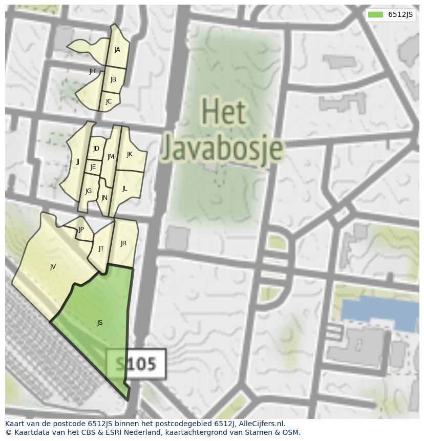 Afbeelding van het postcodegebied 6512 JS op de kaart.