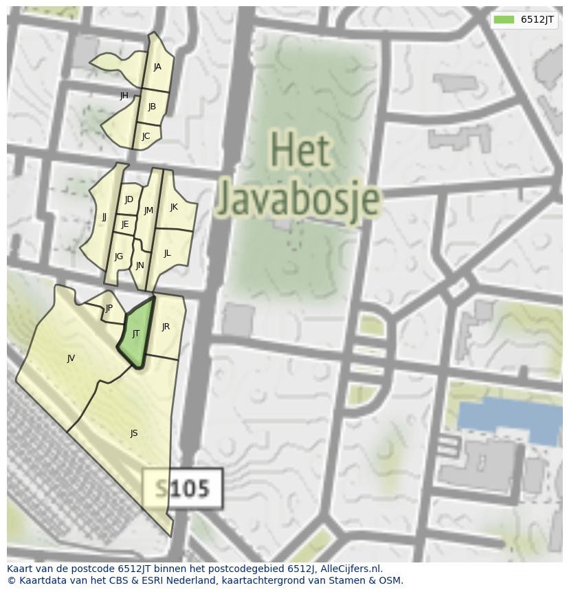 Afbeelding van het postcodegebied 6512 JT op de kaart.