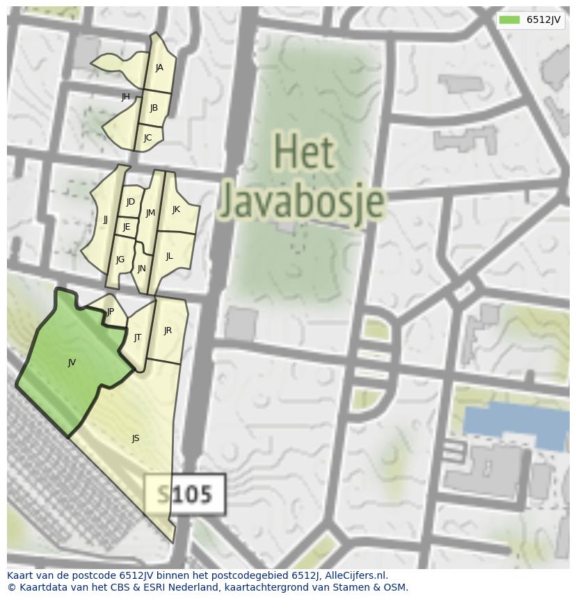 Afbeelding van het postcodegebied 6512 JV op de kaart.