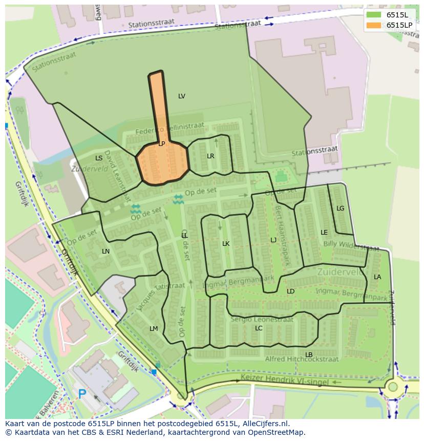 Afbeelding van het postcodegebied 6515 LP op de kaart.