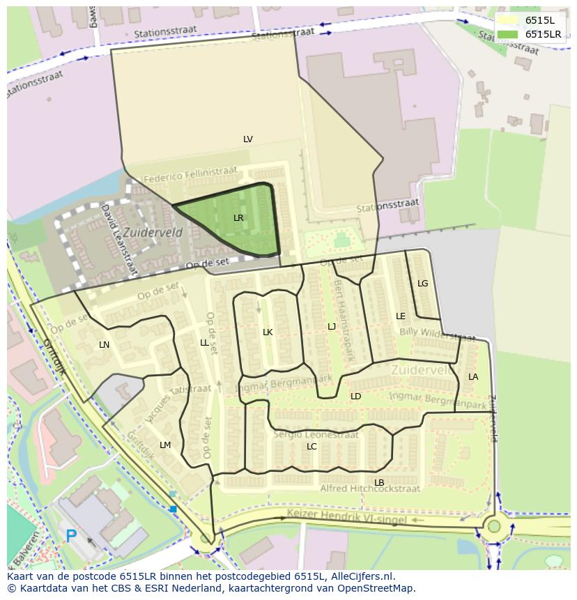 Afbeelding van het postcodegebied 6515 LR op de kaart.