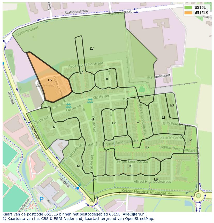 Afbeelding van het postcodegebied 6515 LS op de kaart.