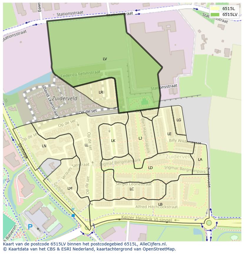 Afbeelding van het postcodegebied 6515 LV op de kaart.