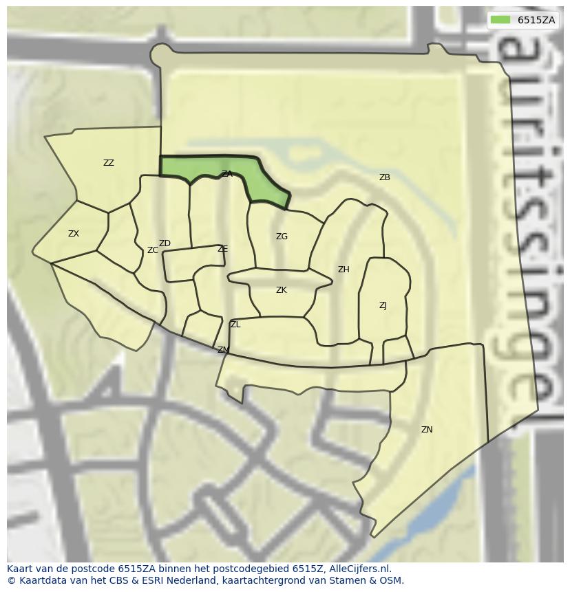 Afbeelding van het postcodegebied 6515 ZA op de kaart.