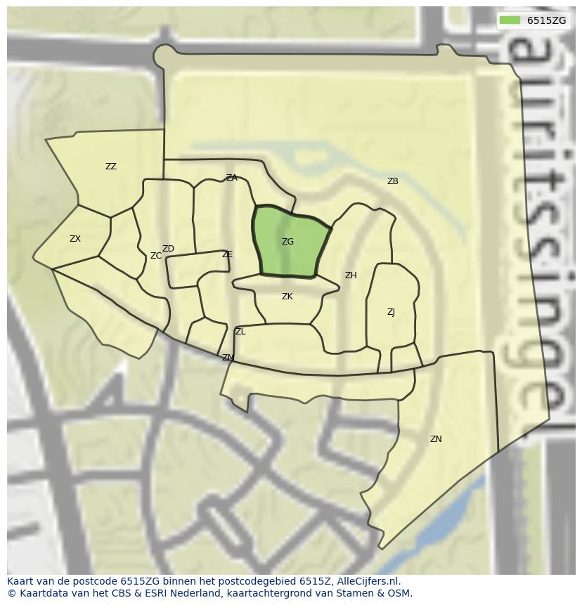 Afbeelding van het postcodegebied 6515 ZG op de kaart.