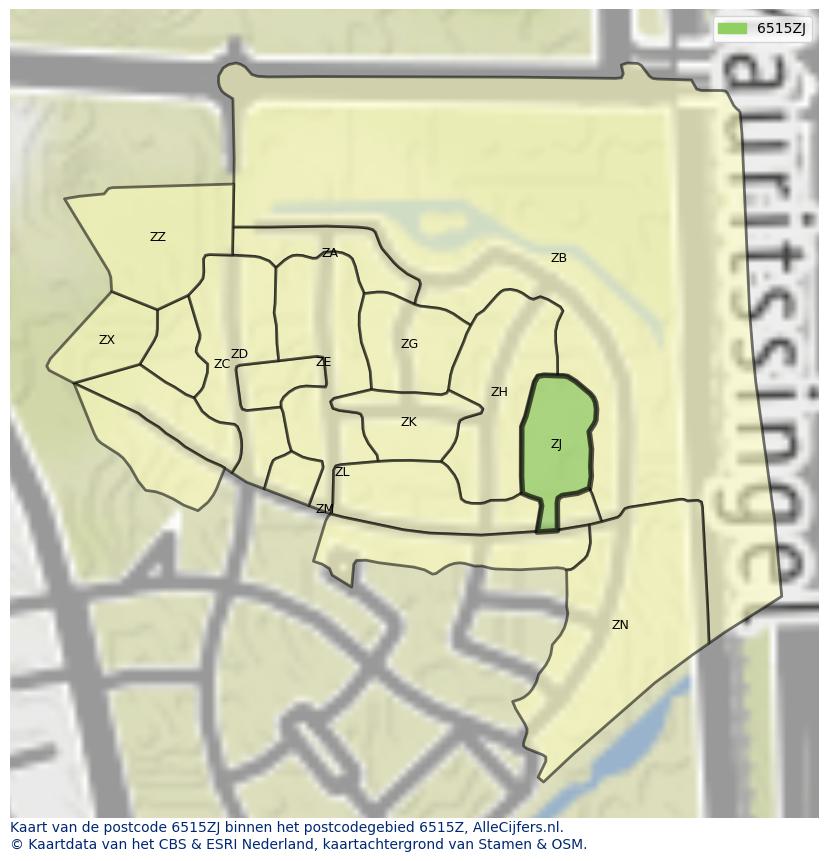 Afbeelding van het postcodegebied 6515 ZJ op de kaart.