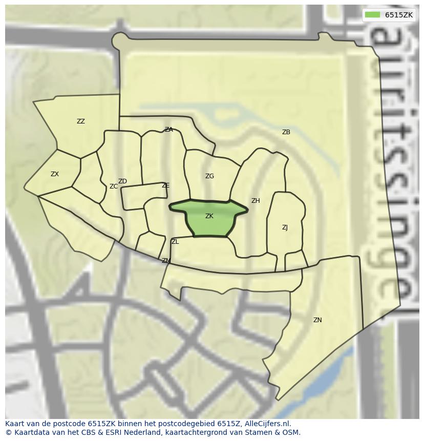 Afbeelding van het postcodegebied 6515 ZK op de kaart.