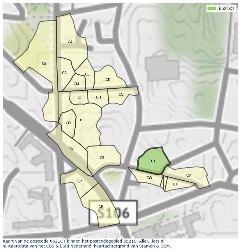 Afbeelding van het postcodegebied 6521 CT op de kaart.