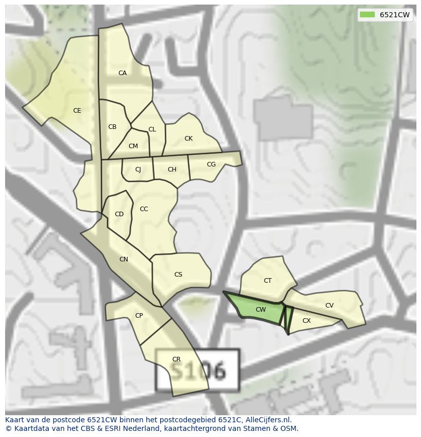 Afbeelding van het postcodegebied 6521 CW op de kaart.