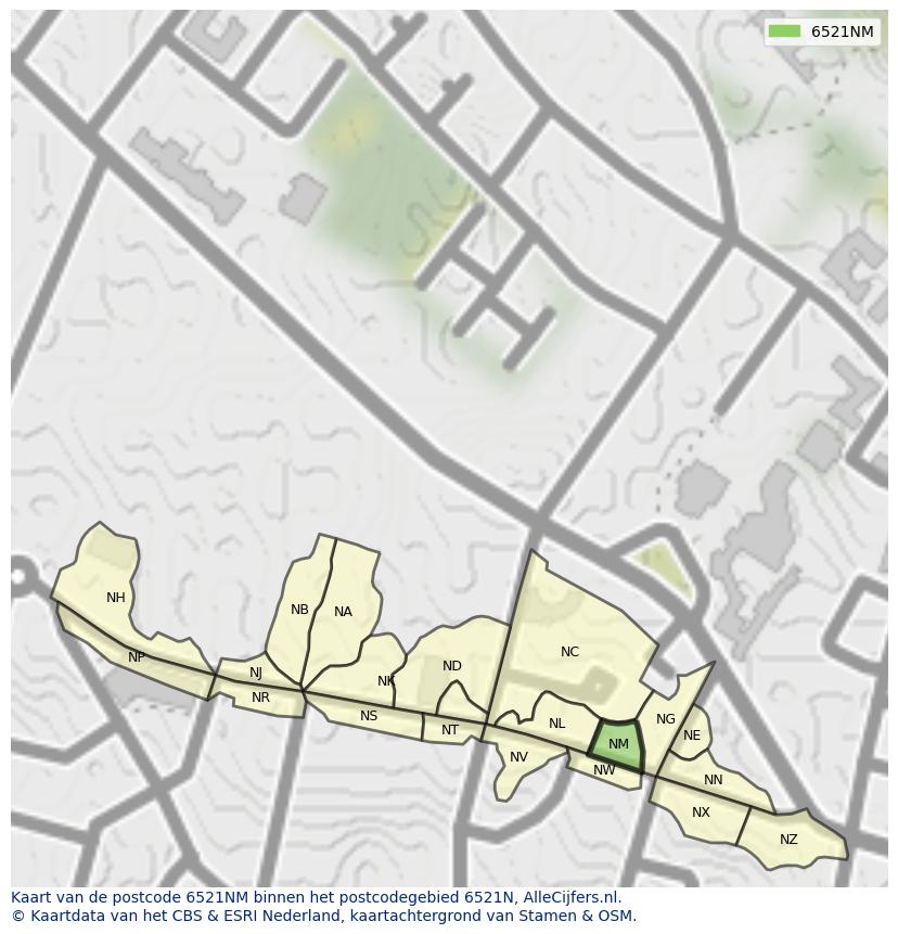 Afbeelding van het postcodegebied 6521 NM op de kaart.