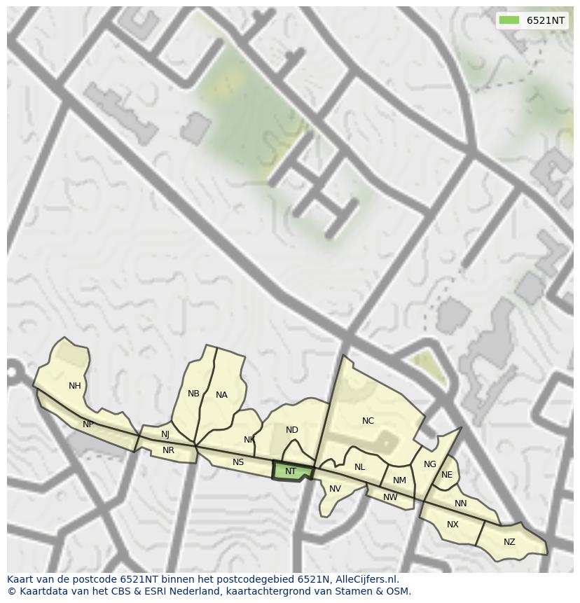 Afbeelding van het postcodegebied 6521 NT op de kaart.