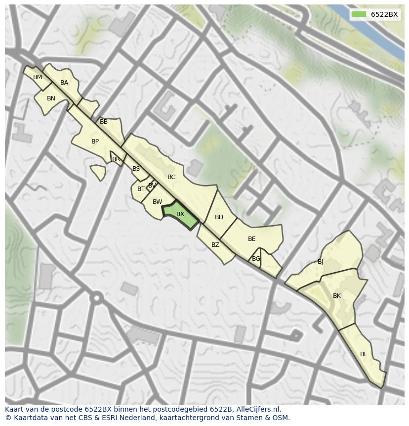 Afbeelding van het postcodegebied 6522 BX op de kaart.