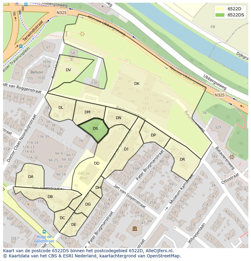 Afbeelding van het postcodegebied 6522 DS op de kaart.