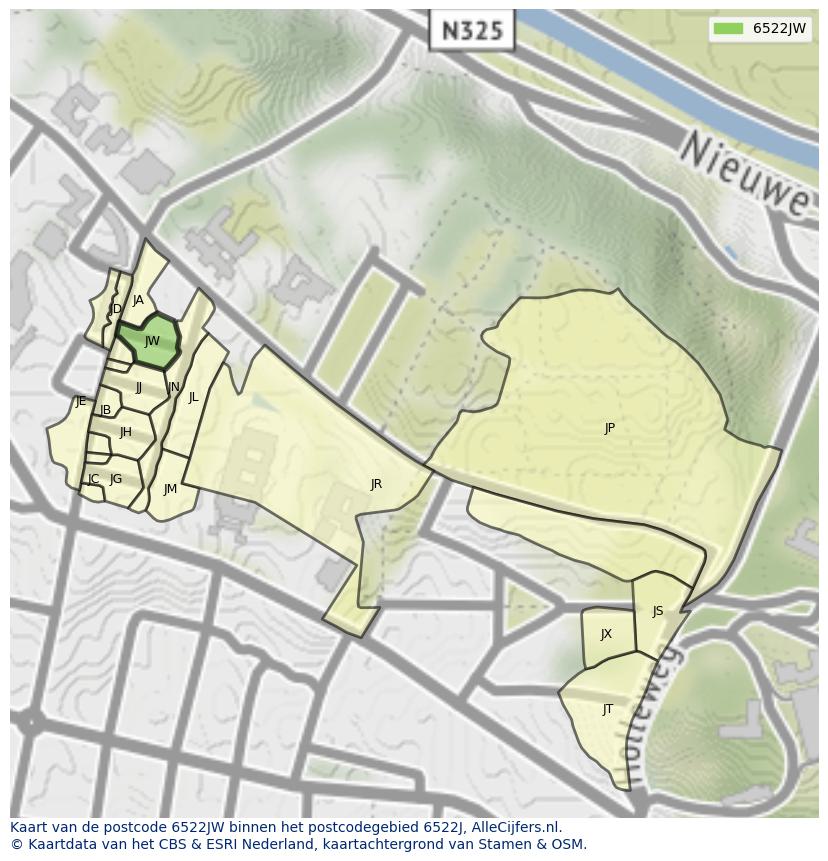Afbeelding van het postcodegebied 6522 JW op de kaart.