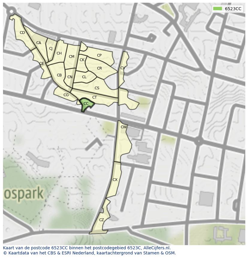 Afbeelding van het postcodegebied 6523 CC op de kaart.
