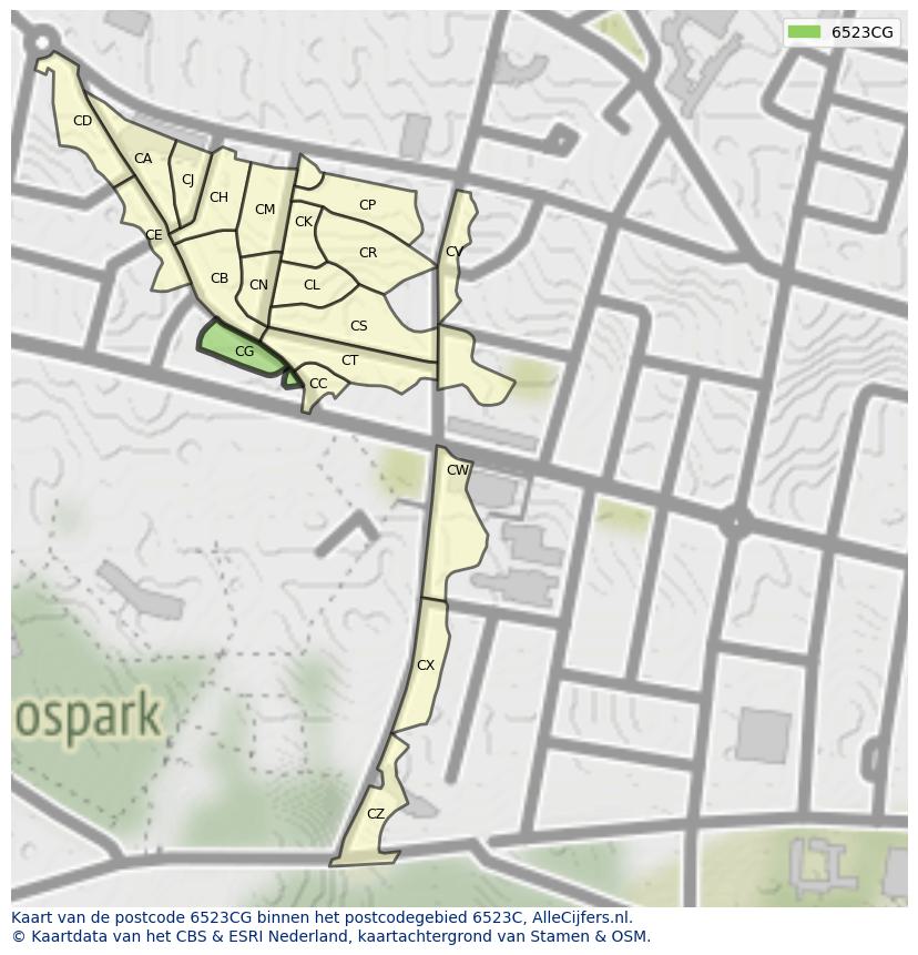 Afbeelding van het postcodegebied 6523 CG op de kaart.