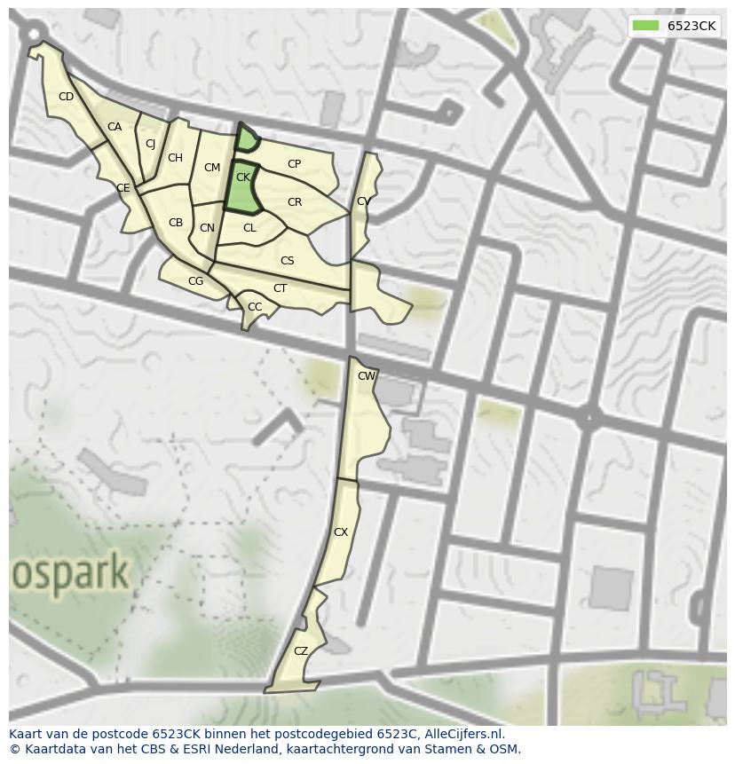 Afbeelding van het postcodegebied 6523 CK op de kaart.