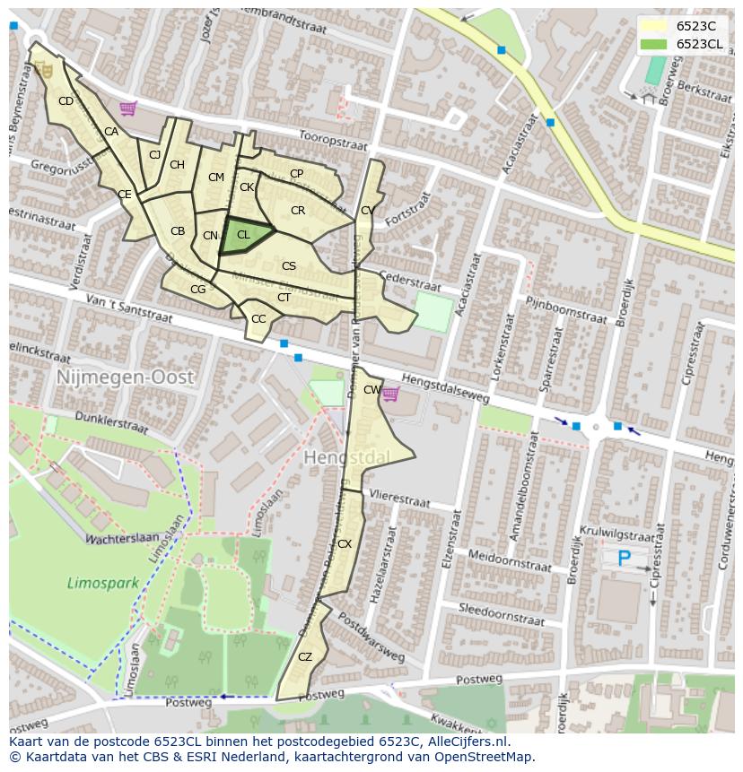 Afbeelding van het postcodegebied 6523 CL op de kaart.