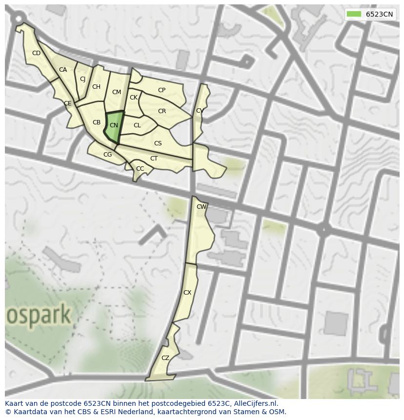 Afbeelding van het postcodegebied 6523 CN op de kaart.
