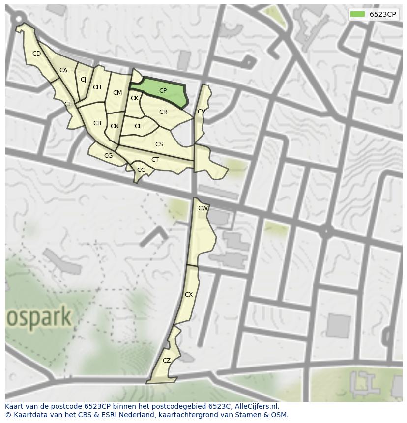 Afbeelding van het postcodegebied 6523 CP op de kaart.