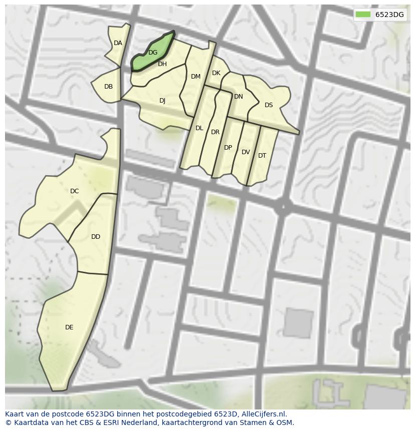 Afbeelding van het postcodegebied 6523 DG op de kaart.