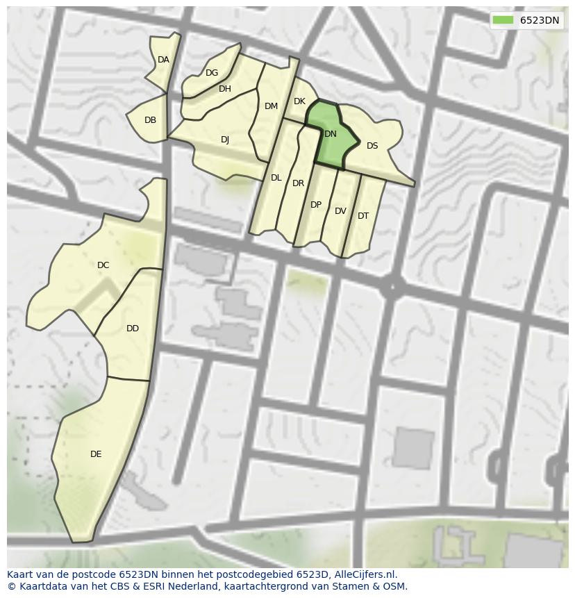 Afbeelding van het postcodegebied 6523 DN op de kaart.
